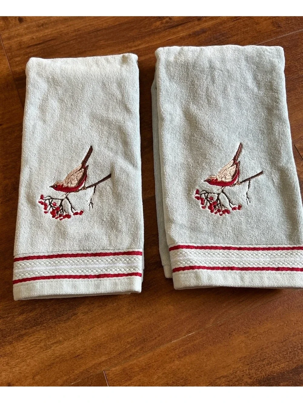 Set of Two Light Blue Kitchen Towels with Bird and Berry Embroidery